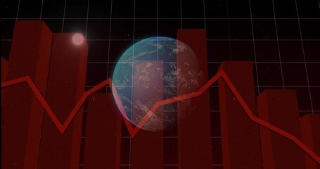 Obraz premium Displaying red bar chart with overlaid red line and Earth globe in space, featuring thin grid