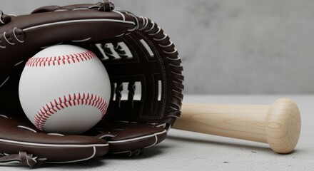 Baseball resting inside glove with bat on concrete surface shows sports equipment ready for game