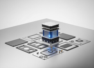 Conceptual Exploded View of Modular Fuel Cell or Energy Storage Stack with Glowing Blue Core, Disassembled Metallic Plates and Gaskets on Silver Background
