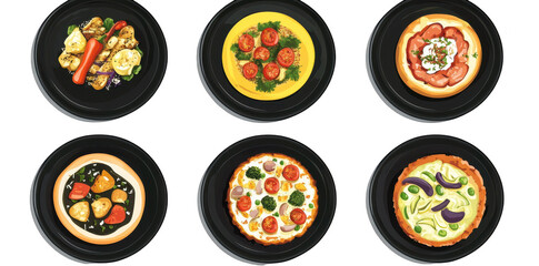 A display of six diverse pizza dishes arranged on black plates. a variety of toppings including vegetables. meats. and cheeses. perfect for a culinary menu or food advertisement