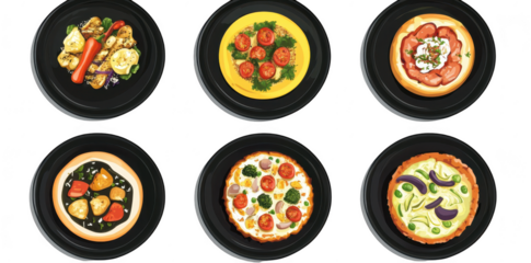 A display of six diverse pizza dishes arranged on black plates. a variety of toppings including vegetables. meats. and cheeses. perfect for a culinary menu or food advertisement