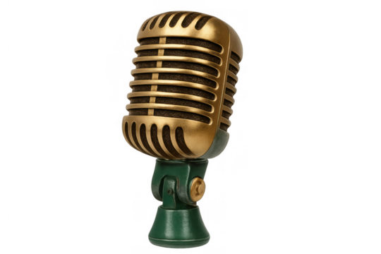 Vintage gold microphone with green base capturing classic sound recording for broadcasting and music production