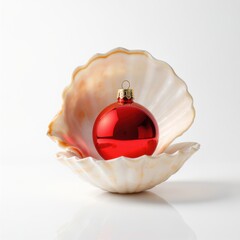 Red Christmas ornament inside an open seashell on a white background, symbolizing festive coastal holiday decor