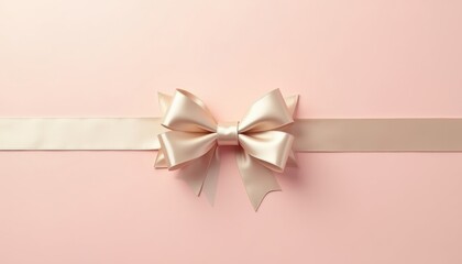 Elegant cream satin ribbon bow on pastel pink background with copy-space for text or design
