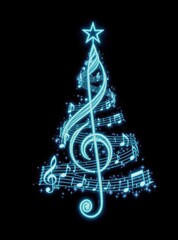 Glowing Christmas tree made of musical notes and treble clef with a star on top on black background