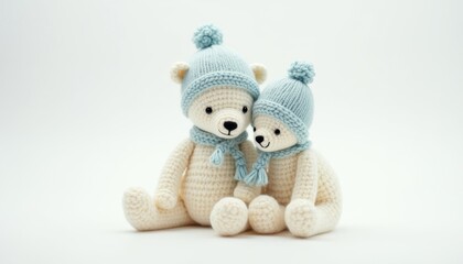 Two crocheted teddy bears wearing blue winter hats and scarves sitting together on a white background