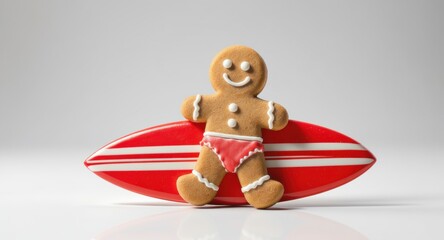 Gingerbread cookie in swimwear leaning on red surfboard with white stripes on light background