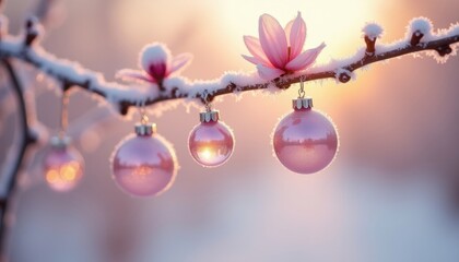 Frosty branch with pink Christmas ornaments and blooming flower at sunrise during winter holiday season