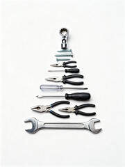 Creative Christmas tree arrangement made of hand tools and screws on white background, symbolizing DIY holiday concept