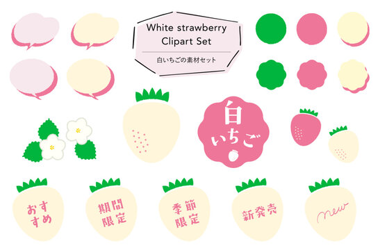 白いちごの素材セット_あしらい＋イラスト,フレーバー,期間限定,季節限定,おすすめテキスト付き｜White Strawberry Design Set &ndash; Decorative Elements, Illustrations, Flavor Tags, Limited-Time & Seasonal Labels, Recommended Text Included
