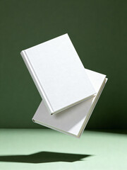 Two blank hardcover books floating against a green background with dramatic lighting and shadows