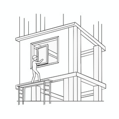 A minimalistic black and white illustration showcases a construction worker installing a window on a building under construction, emphasizing simplicity and precision.