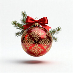 Red Christmas ornament with golden patterns, red bow, and pine branches on white background