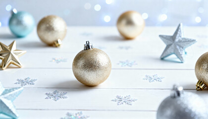 Christmas ornaments with golden baubles, silver stars, and snowflake decorations on a white wooden surface