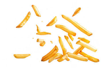 A dynamic scene crispy golden French fries in mid-air. captured against a clean white background. ideal for food photography. advertising. or culinary articles