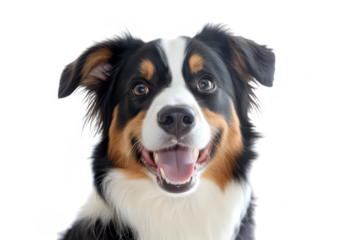 A cheerful Australian Shepherd dog with a bright smile. set against a clean white background. its playful nature and friendly demeanor. ideal for pet-related content