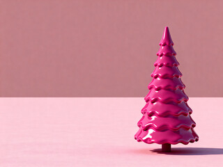 Glossy pink Christmas tree on a pastel pink background with minimalistic design and modern aesthetic
