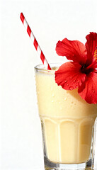 Refreshing tropical smoothie in a glass with red hibiscus flower and striped straw on white background