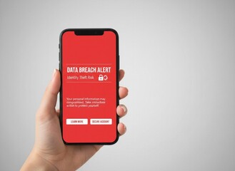 Close-up of hand holding black smartphone with red 'DATA BREACH ALERT Identity Theft Risk' warning message on screen.