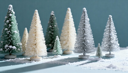 Miniature snowy Christmas trees in various colors on a light blue background, creating a festive winter holiday scene