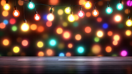 Colorful string lights hanging above wooden floor with blurred bokeh background, festive mood