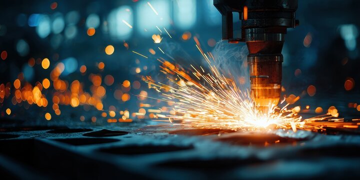 Close up of sparks flying during welding in a car factory, robotic arm silhouette, industrial manufacturing, high tech production, dramatic orange light. 