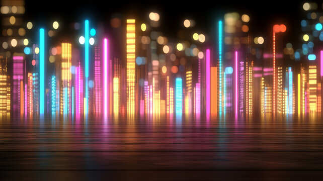 Colorful neon lights reflect on wooden floor with glowing cityscape background, vibrant nightlife - Powered by Adobe