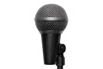 Microphone on stand for recording, broadcasting, presenting, public speaking, singing, and karaoke fun on transparent background