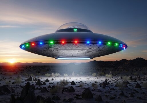 Unidentified flying object descends over desolate landscape at twilight