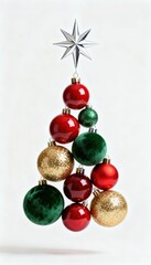 Christmas tree made of red, green, and gold baubles with a silver star topper on a white background