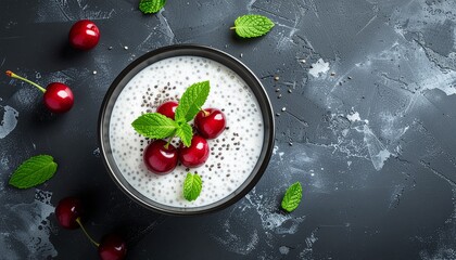 Aerial View of White Chia Seed Pudding Garnished with Fresh Red Cherries and Mint Leaves on Dark Mottled Table