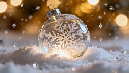 Glass Christmas ornament with snowflake design resting on snow, surrounded by glowing bokeh lights and falling snowflakes