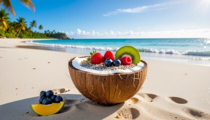 Close Up of a Coconut Bowl Containing Fresh Fruits and Seeds on a Tropical Beach with Turquoise Water and Palm Trees