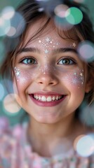 Close-up portrait of a smiling young girl with glitter and star decorations on her face, surrounded by soft bokeh lights