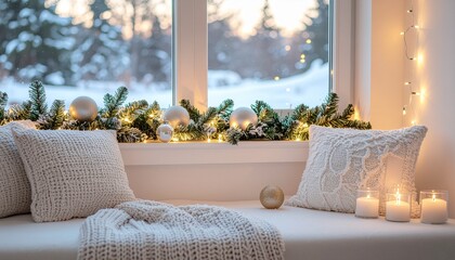 Cozy Winter Window Seat with White Cushions and Festive Garland Lit by Candles and String Lights at Twilight