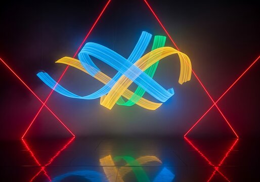 Abstract Interwoven Light Trails with Geometric Laser Reflections Display - Powered by Adobe