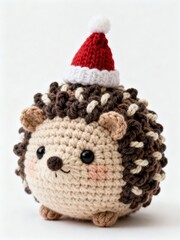 Handmade crochet hedgehog toy wearing a red Santa hat, festive Christmas decoration on white background