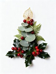 Creative Christmas tree arrangement made of holly leaves, red berries, eucalyptus, ferns, and golden leaf on white background