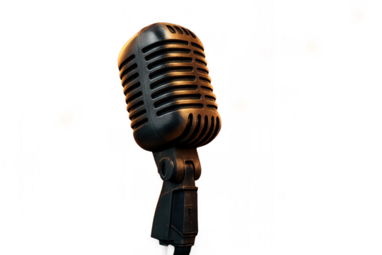 Vintage microphone capturing sound, broadcasting, and performance against a transparent background