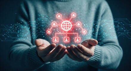 Network connection concept shown in hands illustrates global communication internet technology and social media worldwide data sharing