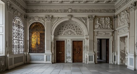 Empty square room with Elements of architectural decoration of buildings, doorways and arches, doors and grills, plaster patterns and stucco molding