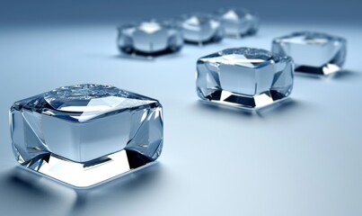 Crystal clear ice cubes on blue reflective surface for drink refreshment