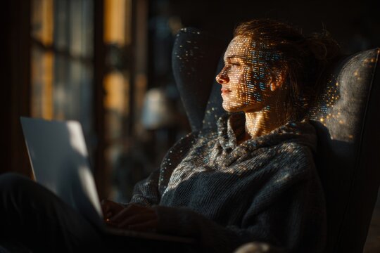 Unwinding with a smile: embracing home comforts after work hours. Investment analysis. Elegant ease: a woman savors the peaceful ambiance of her home office. Profit analytics. Data analysis.