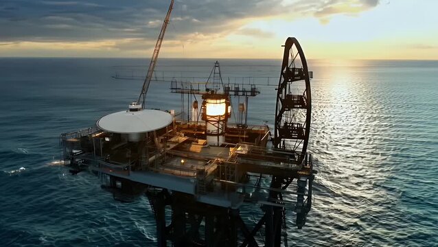 Oil Rig Platform Operating at Sunset Over the Ocean with Dramatic Sky and Reflective Water