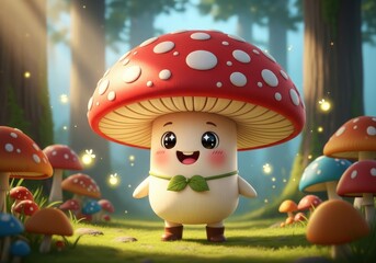 Cheerful animated toadstool character stands in a sunlit, enchanted forest clearing