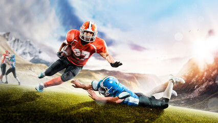 American football players in action high in the mountains on the edge of a cliff. Sports concept. Extreme sports moment. Panorama. Cliff. American football players in rock