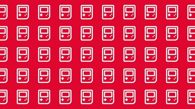 Repeating game boy icons on red ideal for gaming backgrounds, web design, textiles, and packaging with a nostalgic feel.