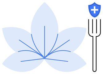 Blue leaf design paired with fork and medical shield. Represents balance, health, nutrition, and wellness. Ideal for health, diet, self-care, alternative medicine sustainability balance simple