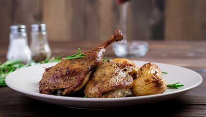 Delicious roasted duck leg confit with golden crispy skin, served alongside tender roasted potatoes and aromatic rosemary sprigs on a rustic wooden table