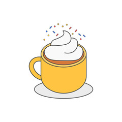 Whipped cream topping icon showing a cozy coffee cup with a creamy swirl and sprinkle. Ideal for warm drink themes, café branding, and comforting beverage moments.